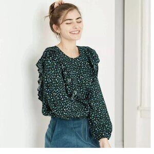 Moody Floral Long Sleeve Black Blue Ruffle Peasant Poet Top Wild Fable SZ:L‎